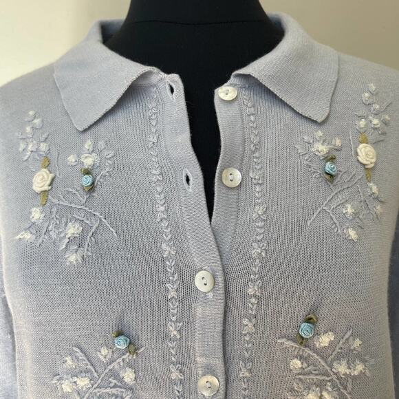 Vintage Stephanie Andrews Blue White Embroidered Cottagecore Cardigan Size Large - Picture 3 of 12